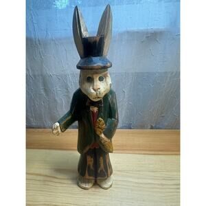 Hand Carved Wooden Rabbit Figurine Folk Art Bunny with Top Hat